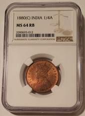 India - British - Victoria 1880 (C) 1/4 Anna MS64 RB NGC