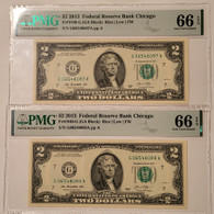 Two 2013 FRB Chicago $2 Notes Gem Unc 66 EPQ PMG Consecutive Serial Numbers