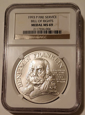 1993 P Benjamin Franklin Fire Service/Bill of Rights Silver Medal MS69 NGC