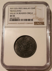 Malay Trengganu AH1325 (AD 1907) Cent Value in Beaded Circle XF45 NGC