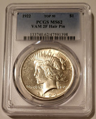 1922 Peace Silver Dollar VAM-2F TOP-50 Hair Pin R4 MS62 PCGS