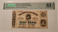 Civil War Era 1863 State of Alabama 50 Cents Obsolete Note Uniface MS63 EPQ PMG