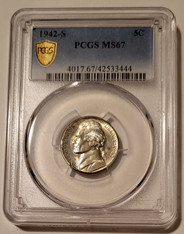 1942 S Jefferson Silver Nickel MS67 PCGS Gold Shield Holder