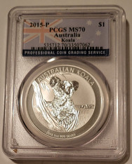 Australia 2015 P 1 oz Silver Dollar Koala MS70 PCGS Flag Label