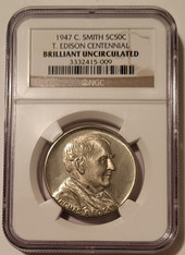 1947 C Smith So-Called 50 Cents Medal Thomas Edison Centennial BU NGC