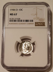 1944 D Mercury Dime MS67 NGC Blast White