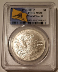 1991-95 D WWII Commemorative Silver Dollar MS70 PCGS Gadsden Label