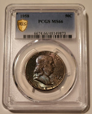 1958 Franklin Half Dollar MS66 PCGS Toned Gold Shield Holder