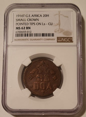German East Africa 1916 T 20 Heller Small Crown - Pointed Tips on L's MS62 BN NGC