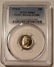 1970 D Roosevelt Dime Reverse of 1968 FS-901 MS64 PCGS Toning