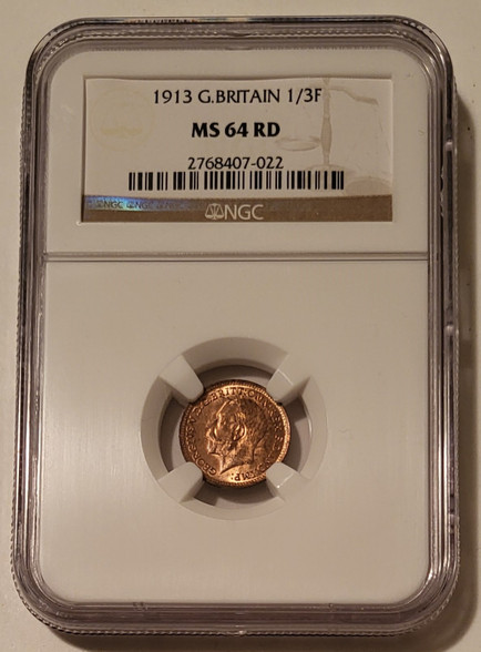 Great Britain George V 1/3 Farthing MS64 red NGC