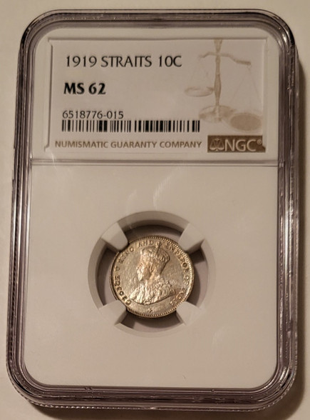 Straits Settlements 1919 10 cents silver ms62 ngc