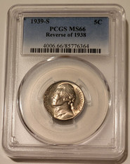 1939 s Jefferson nickel rev 1938 ms66  pcgs toned a