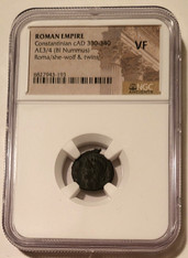 Roman Empire Constantinian Rome commemorative ae3-4 bi nummus she-wolf twins vf ngc a