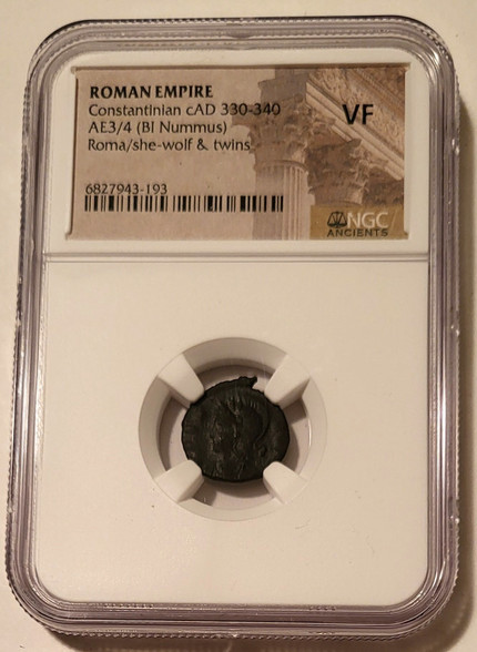 Roman Empire Constantinian Rome commemorative ae3-4 bi nummus she-wolf twins vf ngc a
