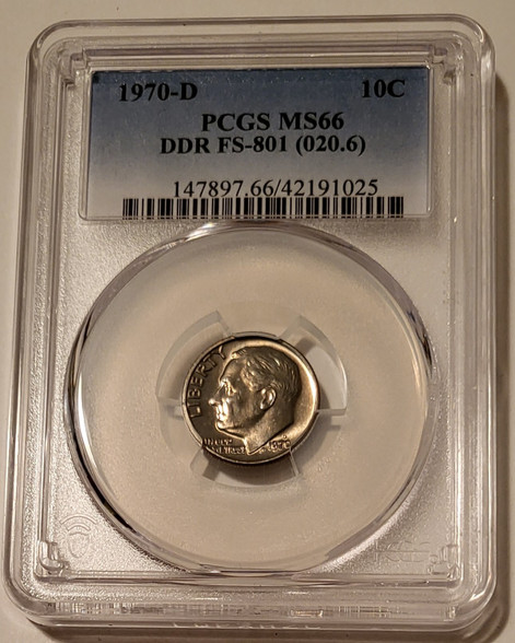 1970 d Roosevelt dime ddr fs801 ms66 pcgs toning a