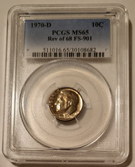 1970 d Roosevelt dime reverse of 1968 variety fs-901 ms65 pcgs toning a