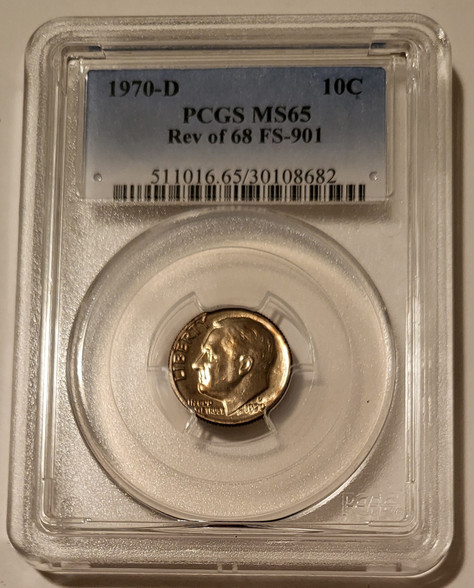 1970 d Roosevelt dime reverse of 1968 variety fs-901 ms65 pcgs toning a