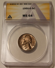 1950 d Jefferson nickel ms64 anacs toned a