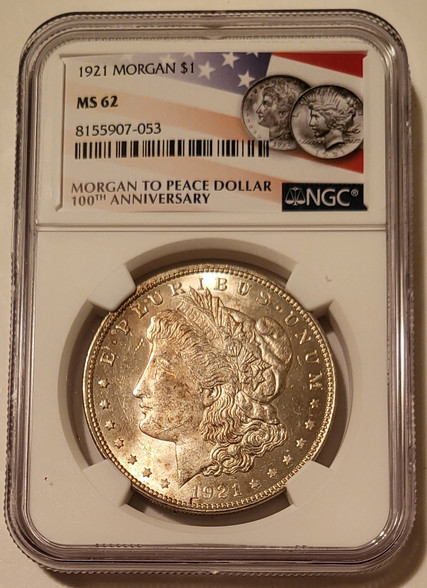 1921 Morgan silver dollar ms62 ngc toning a