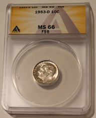 1953 d Roosevelt dime silver ms66 fsb anacs a