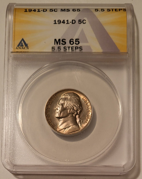 1941 d Jefferson nickel ms65 5.5 steps anacs toned a