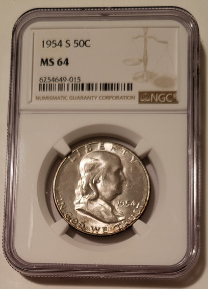 1954 s Franklin silver half dollar ms64 ngc toned a