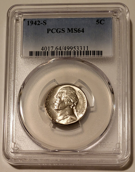 1942 s Jefferson silver nickel ms64 pcgs toning a