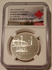 Canada 1991 silver dollar steamship Frontenac pf69 uc ngc a