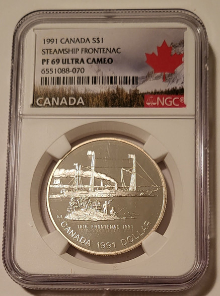 Canada 1991 silver dollar steamship Frontenac pf69 uc ngc a
