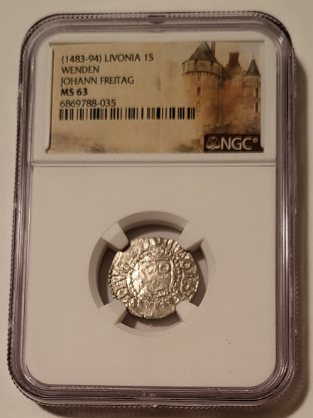 Livonia Latvia 1483 silver schilling Freitag ms63 ngc -a