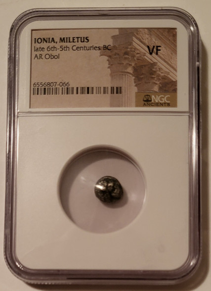 Ancient Greek Ionia Miletus silver obol vf ngc a
