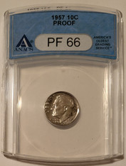 1957 Roosevelt dime proof pf66 anacs toning a