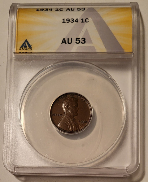 1934 Lincoln wheat cent au53 anacs a