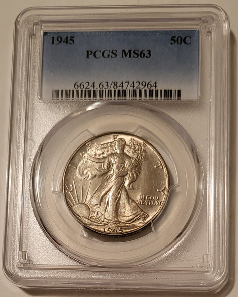 1945 Walking liberty half dollar ms63 pcgs toned a