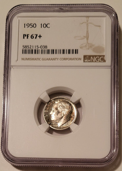 1950 Roosevelt dime proof-67plus ngc toning a