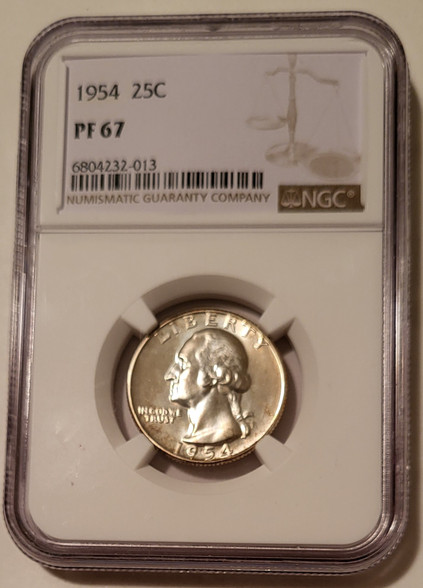 1954 Washington quarter proof pf67 ngc toning a