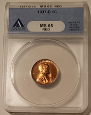 1937 d Lincoln wheat cent ms65 red anacs blue holder a