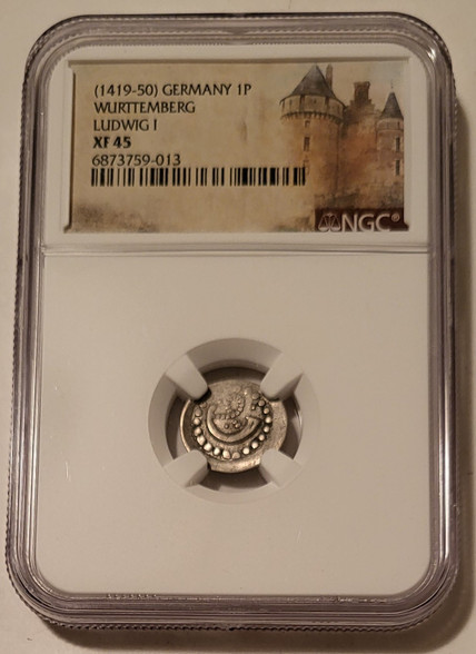 Germany Wurttemberg 1419 silver Pfennig xf45 ngc a