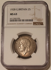 Great Britain 1928 silver 2 shillings florin ms63 ngc toned a