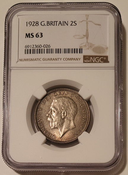 Great Britain 1928 silver 2 shillings florin ms63 ngc toned a