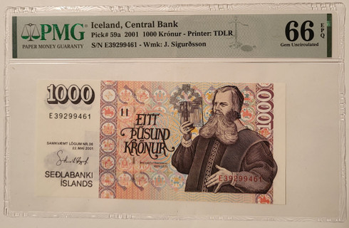 Iceland 2001 1000 Kronur bank note ch unc 66 epq pmg a