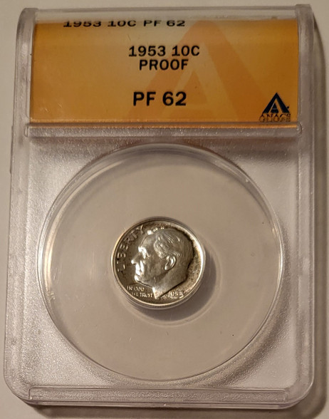 1953 Roosevelt dime proof pf62 anacs toning a