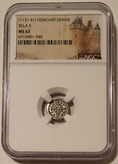 Hungary middle ages Bela II silver denar cross type ms62 ngc a