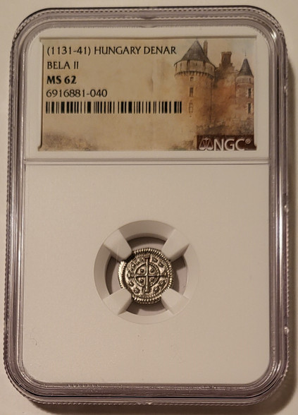 Hungary middle ages Bela II silver denar cross type ms62 ngc a