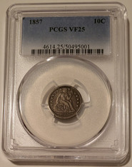 1857 seated liberty dime vf25 pcgs toned a