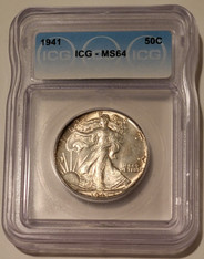 1941 Walking Liberty half dollar ms64 icg toning a