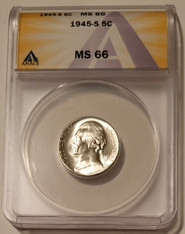 1945 S Jefferson silver nickel ms66 anacs blast white a