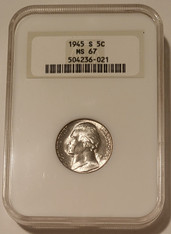 1945 s Jefferson silver nickel ms67 ngc light toning oh a