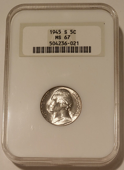 1945 s Jefferson silver nickel ms67 ngc light toning oh a